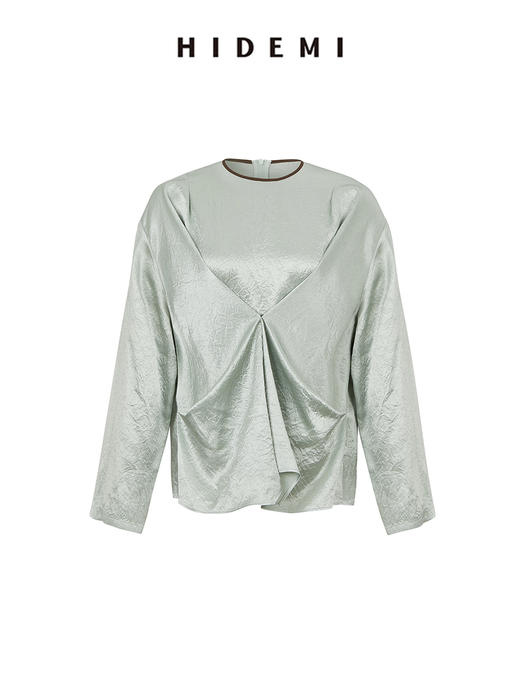 HIDEMI冷杉绿褶皱醋酸设计感镶边套装 上⾐/半身裙 商品图13