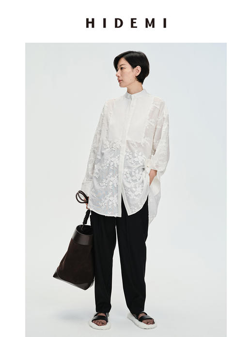 HIDEMI ⽴体刺绣花卉拼接简约设计感廓形衬衫 商品图2