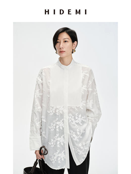 HIDEMI ⽴体刺绣花卉拼接简约设计感廓形衬衫 商品图0