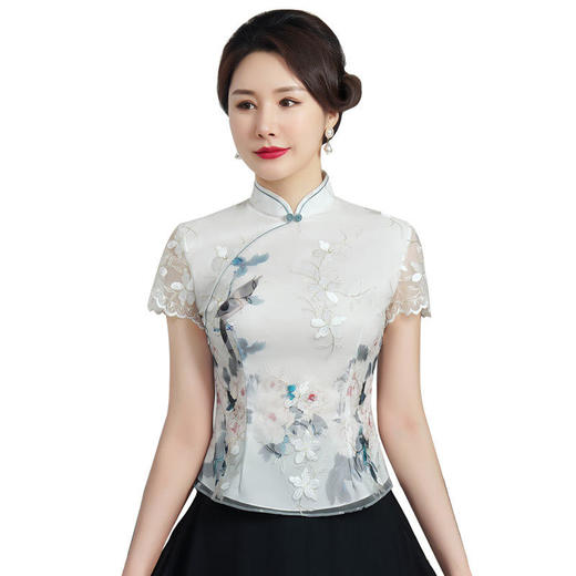 绣花日常短袖旗袍女式改良唐装上衣妈妈装夏季休闲两件套装中国风 HH2498 商品图6