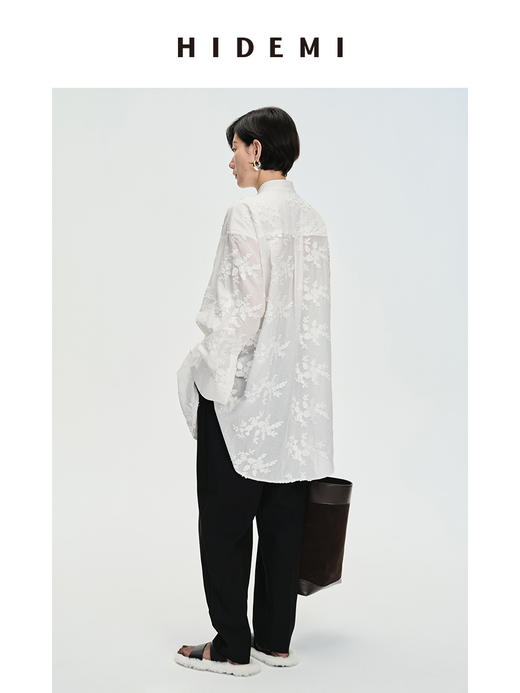 HIDEMI ⽴体刺绣花卉拼接简约设计感廓形衬衫 商品图11