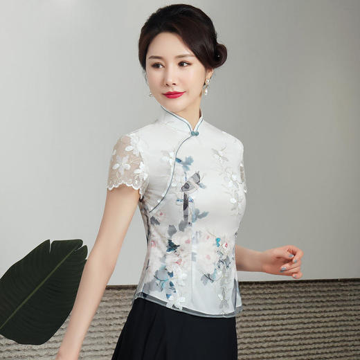 绣花日常短袖旗袍女式改良唐装上衣妈妈装夏季休闲两件套装中国风 HH2498 商品图1