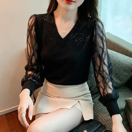 2022秋装新款泡泡袖蕾丝拼接设计感V领镶钻打底衫 TYL1893 商品图6