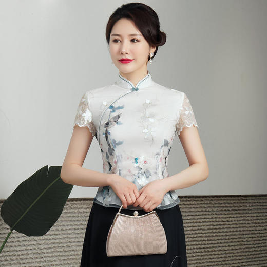 绣花日常短袖旗袍女式改良唐装上衣妈妈装夏季休闲两件套装中国风 HH2498 商品图3