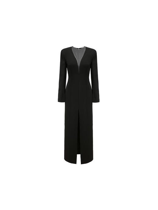 【宙斯】弧形深V薄纱拼接垫肩前开衩长裙/220000010A 商品图4