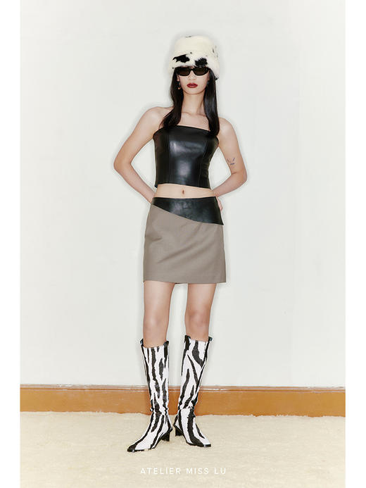 【划破长夜】天然羊毛混织马海毛拼接羊皮革短裙/2200021B 商品图1