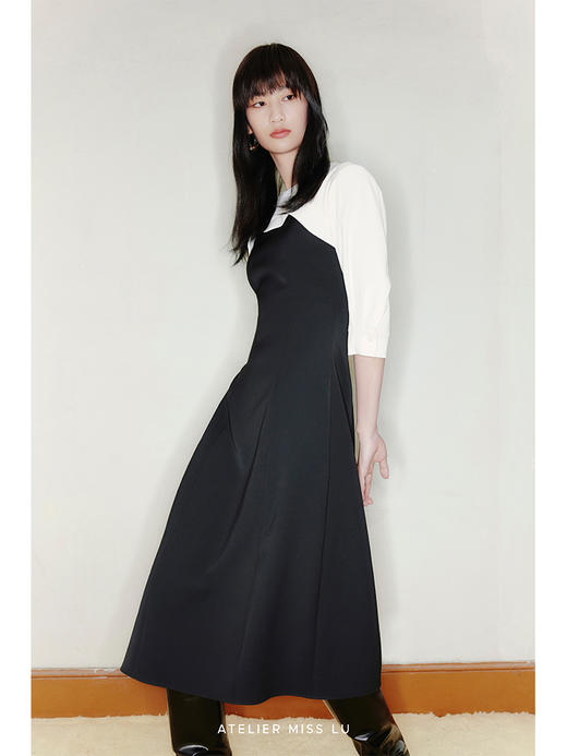 【马蹄莲】弧形立体拼接收腰A字过膝连衣裙/22000046 商品图2