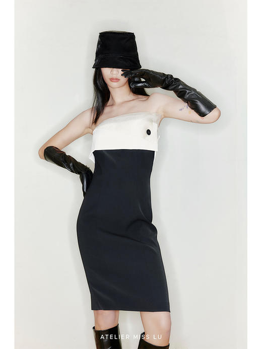 【微风】胸前多层拼纱设计纽扣抹胸修身连衣裙、22000041 商品图2