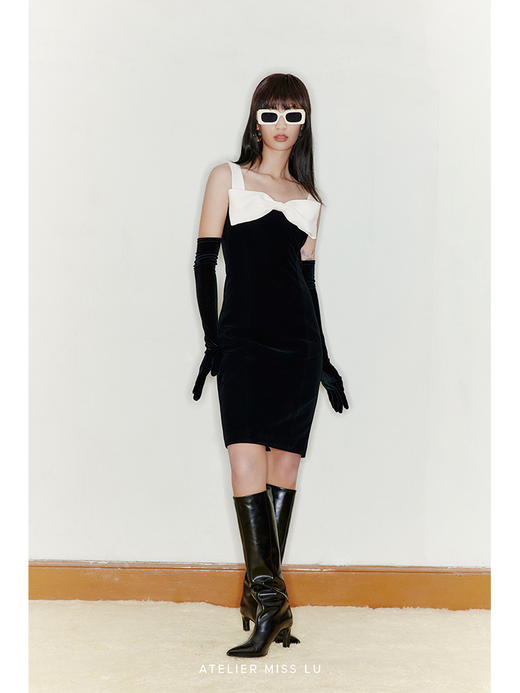 【缪斯】可拆卸吊带抹胸两穿丝绒拼色修身连衣裙/22000043 商品图0