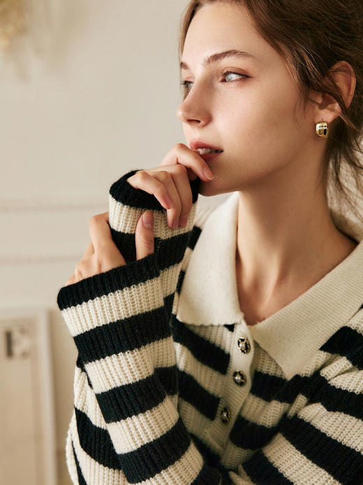 OLrain欧芮儿条纹针织衫女冬2025新款法式宽松显瘦POLO领长袖上衣 商品图1