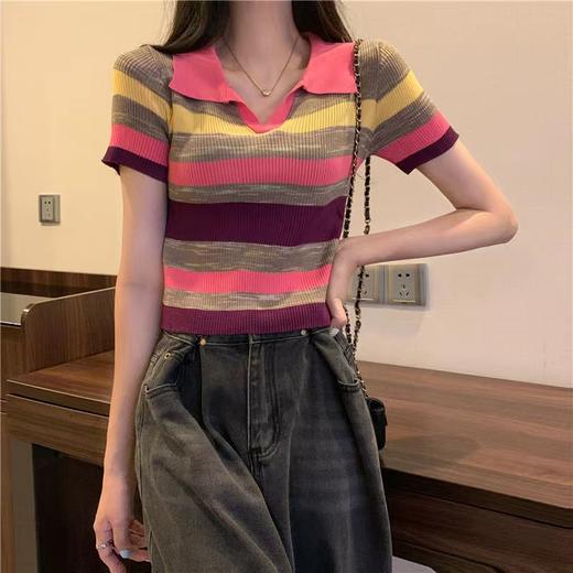 翻领短袖条纹ins潮针织衫女夏季显瘦百搭短款甜美薄款小个子上衣 商品图2