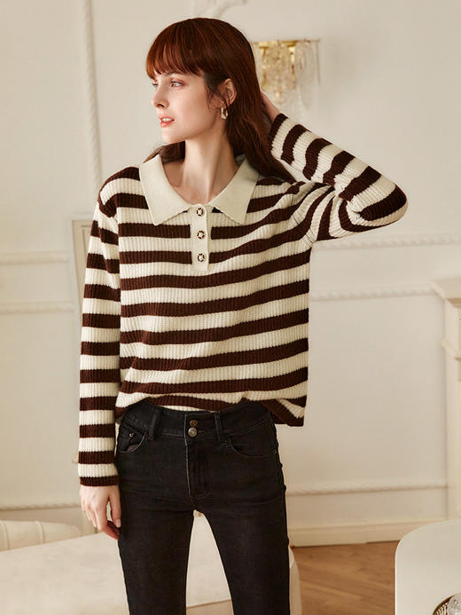 OLrain欧芮儿条纹针织衫女冬2025新款法式宽松显瘦POLO领长袖上衣 商品图3