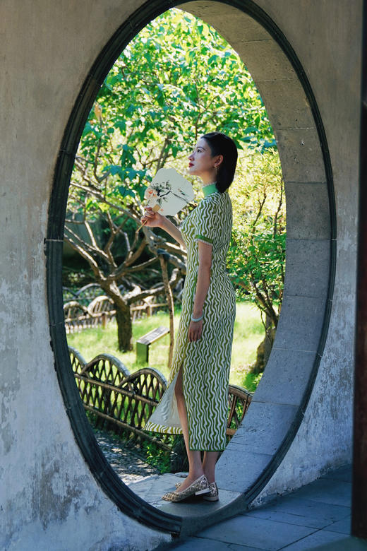 荷言GL旧时闺秀 怀明 复古筒子领+水波纹秋香绿气质日常改良旗袍 商品图1