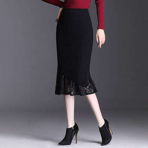 气质优雅，秋冬款纯色针织拼接蕾丝修身包臀半身裙MYX-20108 商品图1