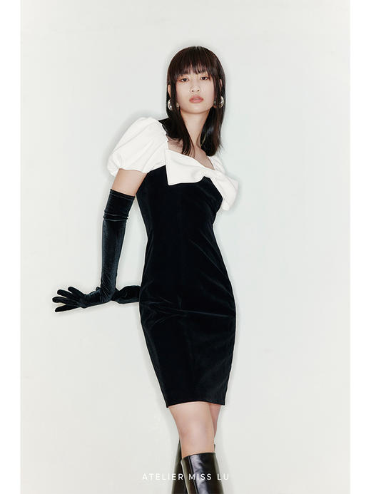 【甜茶】装饰蝴蝶结泡泡袖修身丝绒拼色连衣裙/22000042 商品图2