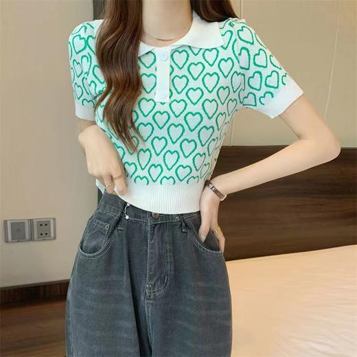 翻领短款爱心图案针织衫女夏季设计感小众显瘦短袖小个子上衣女潮 商品图2