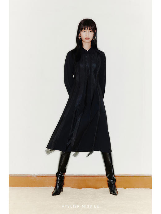 【黑天鹅】薄纱斜裁拼接收腰A字过膝连衣裙/22000047 商品图2