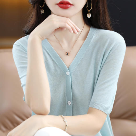 QHJY-JY22105女装夏季新款中袖打底针织衫外套薄款半袖v领羊毛开衫宽松衣 商品图3