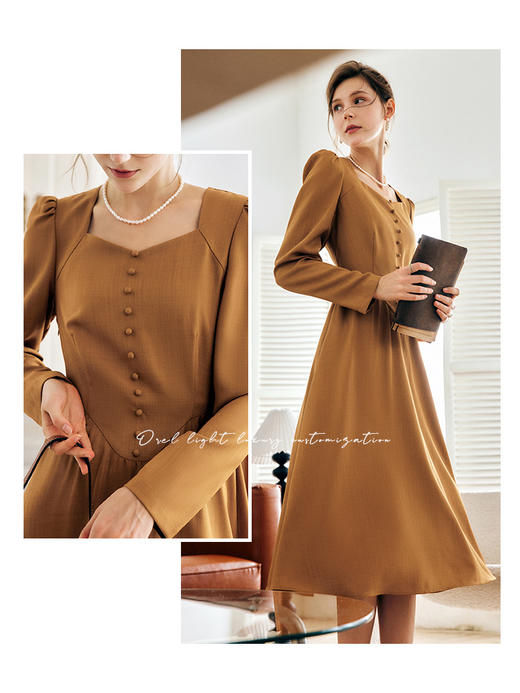 OLrain法式橘色长袖连衣裙女早秋2022新款复古气质收腰方领正肩裙 商品图0