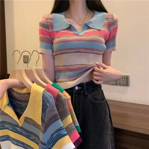 翻领短袖条纹ins潮针织衫女夏季显瘦百搭短款甜美薄款小个子上衣 商品图1
