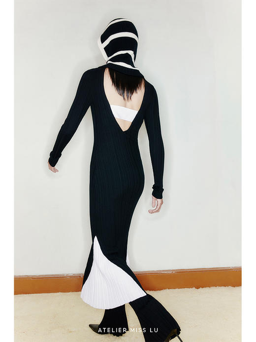 【美人鱼】露背设计人鱼拼色下摆高领精纺羊毛连衣裙/22000048 商品图3