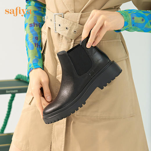 【春节不打烊】Safiya/索菲娅黑色靴子2022年秋冬新款切尔西中跟厚底真皮短靴女 SF24116037 商品图1