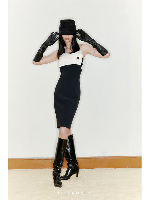 【微风】胸前多层拼纱设计纽扣抹胸修身连衣裙、22000041 商品图0