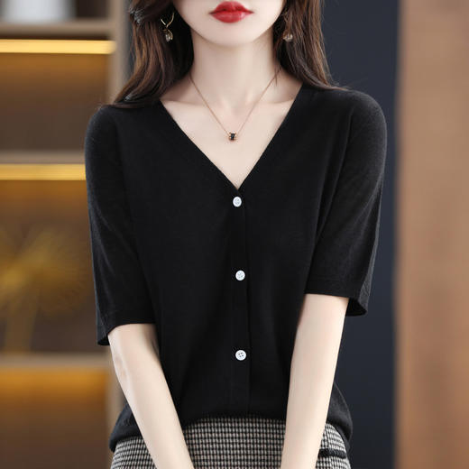 QHJY-JY22105女装夏季新款中袖打底针织衫外套薄款半袖v领羊毛开衫宽松衣 商品图4