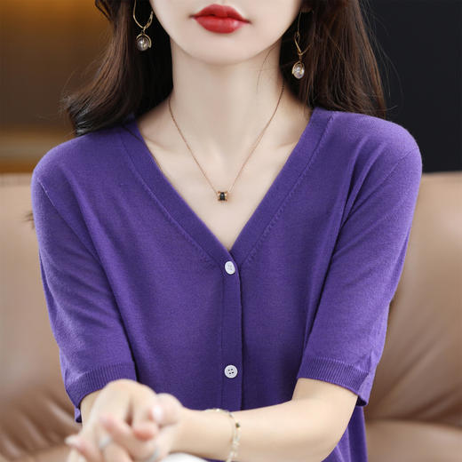 QHJY-JY22105女装夏季新款中袖打底针织衫外套薄款半袖v领羊毛开衫宽松衣 商品图2