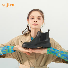 【春节不打烊】Safiya/索菲娅黑色靴子2022年秋冬新款切尔西中跟厚底真皮短靴女 SF24116037