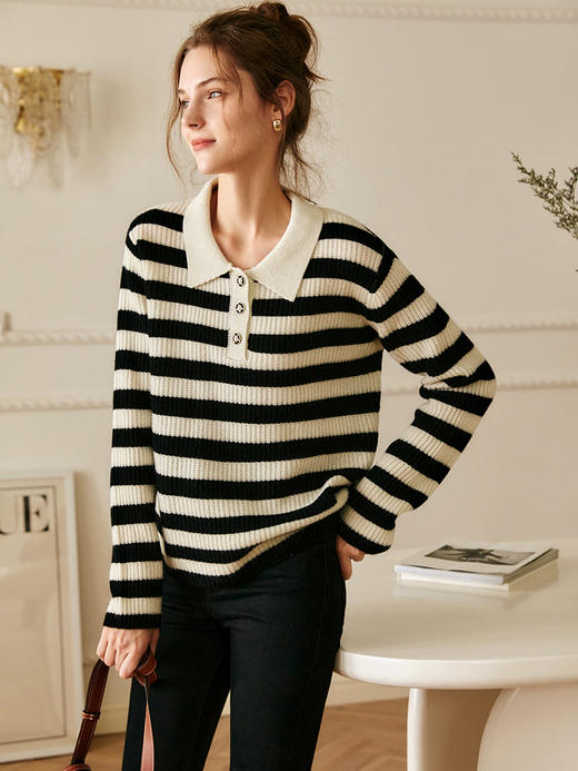OLrain欧芮儿条纹针织衫女冬2025新款法式宽松显瘦POLO领长袖上衣 商品图0