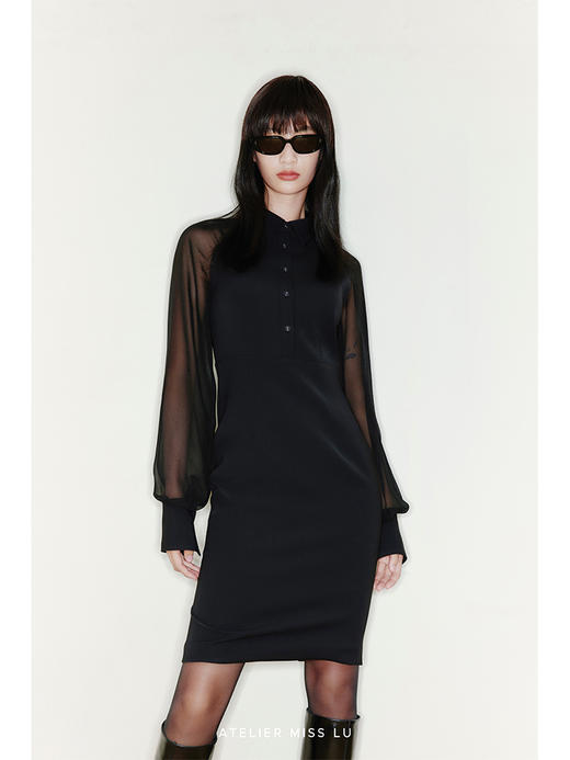 【亚历山大】削肩薄纱袖拼接衬衣领收腰修身连衣裙/22000040 商品图1