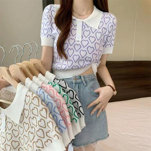 翻领短款爱心图案针织衫女夏季设计感小众显瘦短袖小个子上衣女潮 商品图1