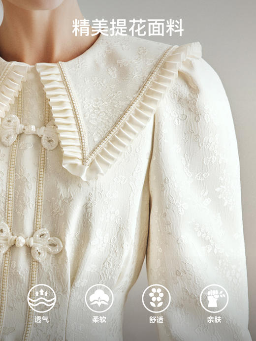 OLrain法式杏色连衣裙女早秋2022年新款气质名媛提花娃娃领裙子 商品图2