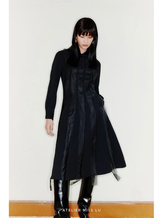 【黑天鹅】薄纱斜裁拼接收腰A字过膝连衣裙/22000047 商品图3