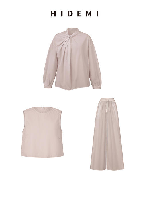 HIDEMI 设计感⽔洗棉褶皱套装 ⾁桂粉/⽩⾊/⿊⾊ 商品图8
