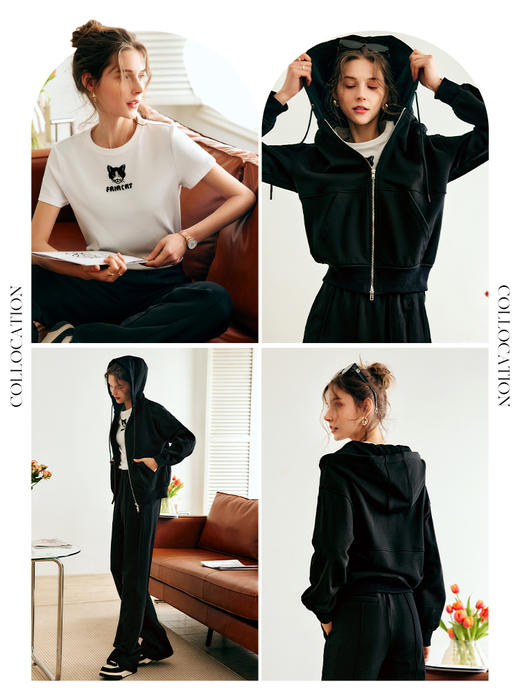 欧芮儿黑色连帽卫衣女夏季2022新款宽松运动抽绳刺绣开衫针织外套 商品图1