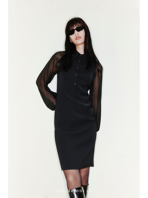 【亚历山大】削肩薄纱袖拼接衬衣领收腰修身连衣裙/22000040 商品图0