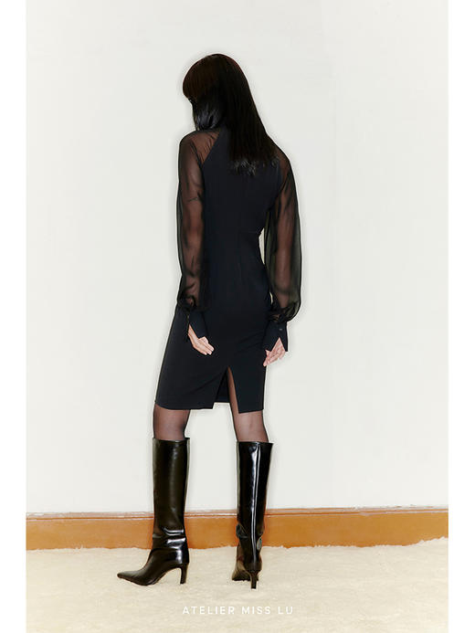 【亚历山大】削肩薄纱袖拼接衬衣领收腰修身连衣裙/22000040 商品图3