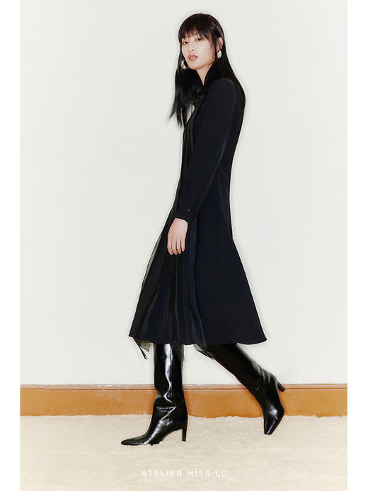 【黑天鹅】薄纱斜裁拼接收腰A字过膝连衣裙/22000047 商品图1