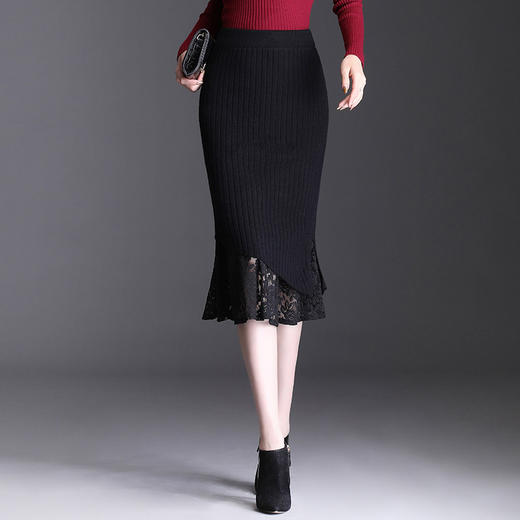 气质优雅，秋冬款纯色针织拼接蕾丝修身包臀半身裙MYX-20108 商品图0