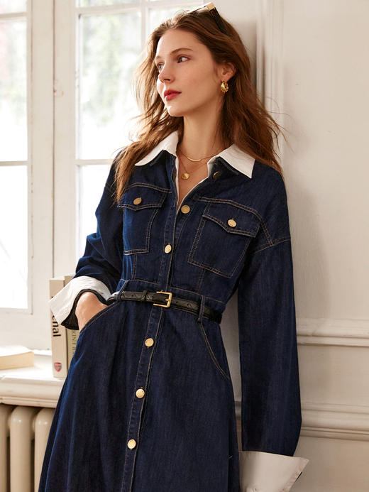 欧芮儿牛仔连衣裙女春季2022年新款法式优雅气质复古假两件裙子 商品图2