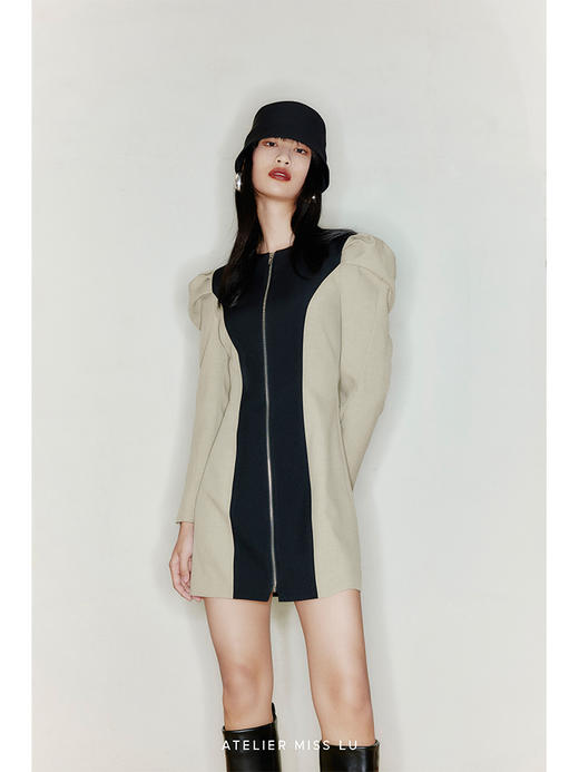 【泡泡战士】撞色拼接设计廓形袖收腰外套连衣裙/22000038 商品图2