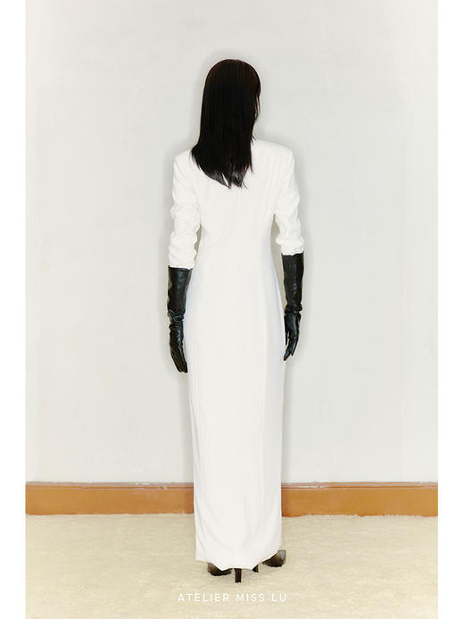 【雅典娜】弧形深V薄纱拼接垫肩前开衩长裙/220000010B 商品图3