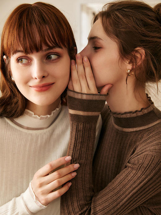 欧芮儿半高领针织衫女春季2022年新款法式优雅欧根纱拼接羊毛上衣 商品图1