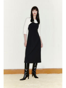 【马蹄莲】弧形立体拼接收腰A字过膝连衣裙/22000046