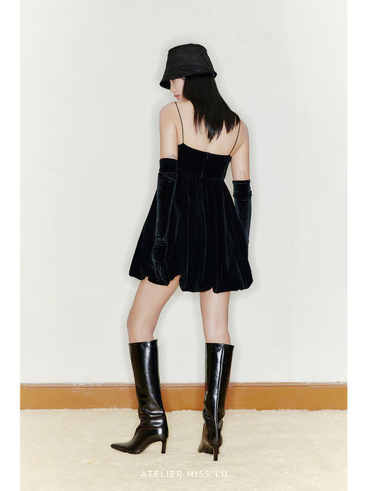 【瑞球】装饰蝴蝶结花苞造型丝绒拼色连衣裙/22000044 商品图3