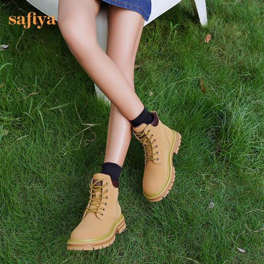 【新春秒杀】Safiya/索菲娅 马丁靴（有加绒款）女英伦风系带高帮2022冬季厚底大黄靴女 SF24116182 商品图5