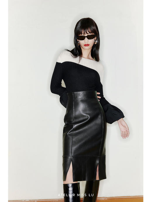 【爵士酒廊】天然绵羊皮直切毛边设计直身开衩皮裙/2200023 商品图0