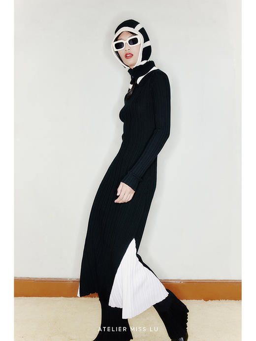 【美人鱼】露背设计人鱼拼色下摆高领精纺羊毛连衣裙/22000048 商品图2